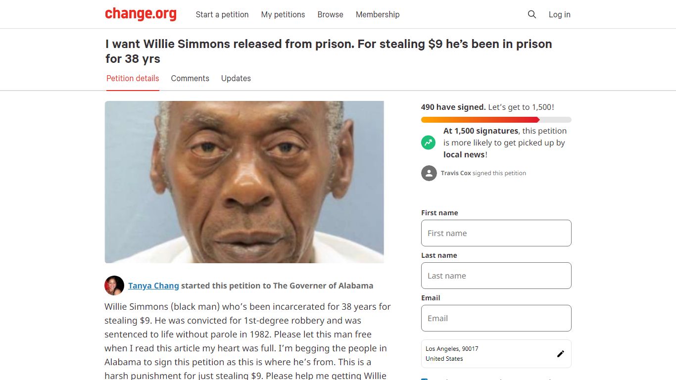 Petition · I want Willie Simmons released from prison. For stealing $9 ...